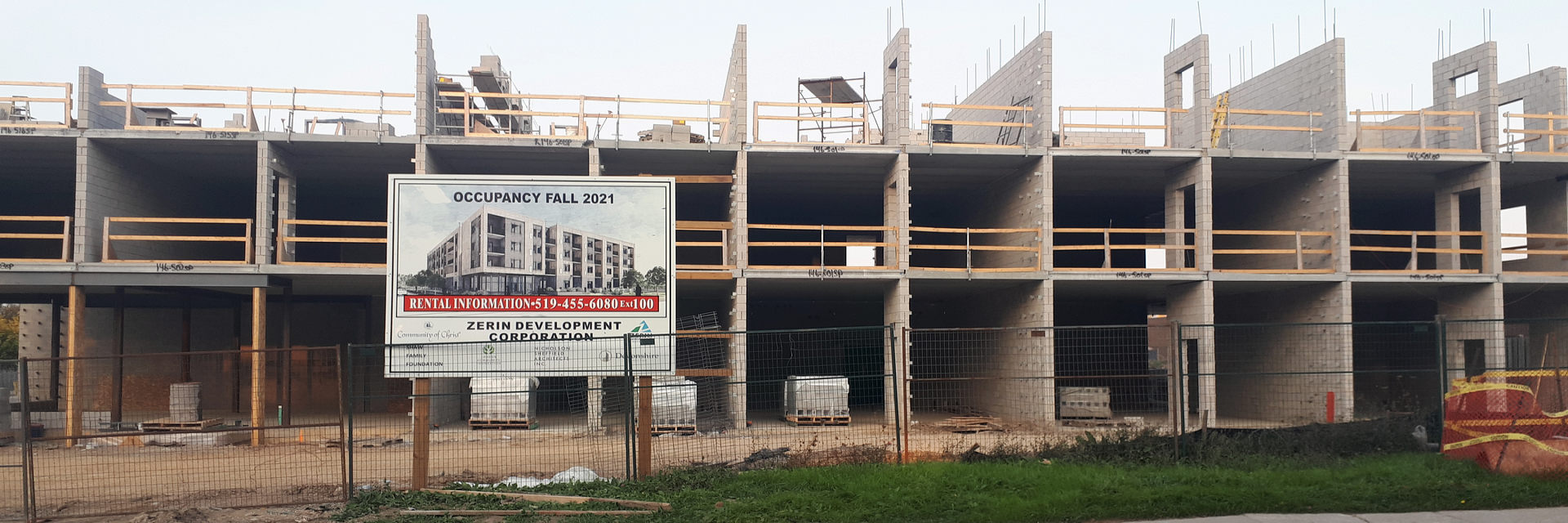 Development / construction site at 440 Clarke Road for a Zerin Development Corporation affordable housing project in London Ontario. For rental information call 519 455-6080 Ext 100