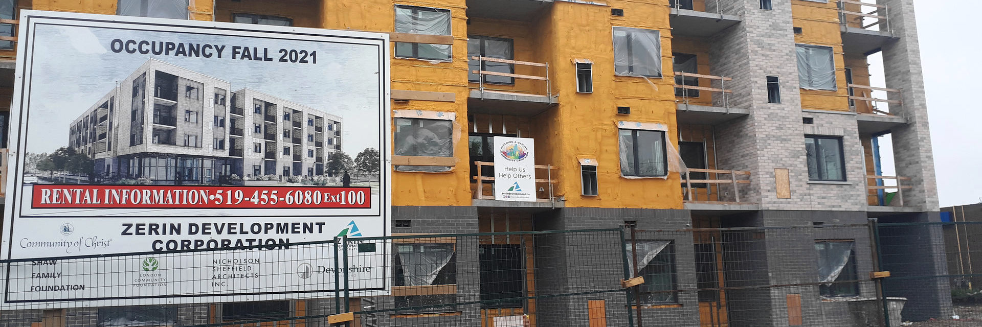 Development / construction site at 440 Clarke Road for a Zerin Development Corporation affordable housing project in London Ontario. For rental information call 519 455-6080 Ext 100