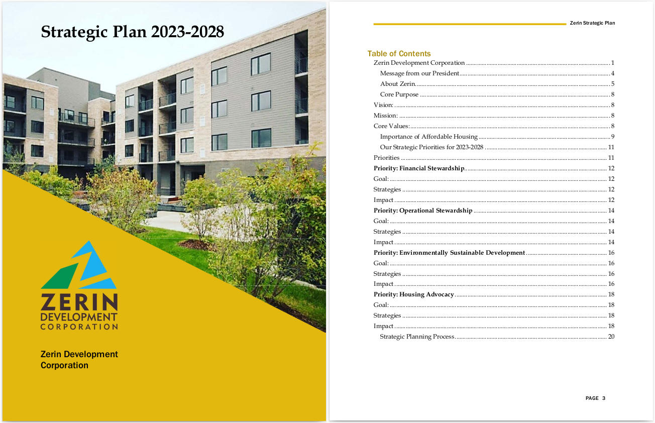 Cover page and Table of Contents page of Zerin Development Corporation's Strategic Plan for 2023-2028. The cover page image features a photo of Zerin's affordable housing development on Clarke Road and Zerin Development logo on yellow background underneath. The Table of Content page outlines the contents of 27-page PDF document.